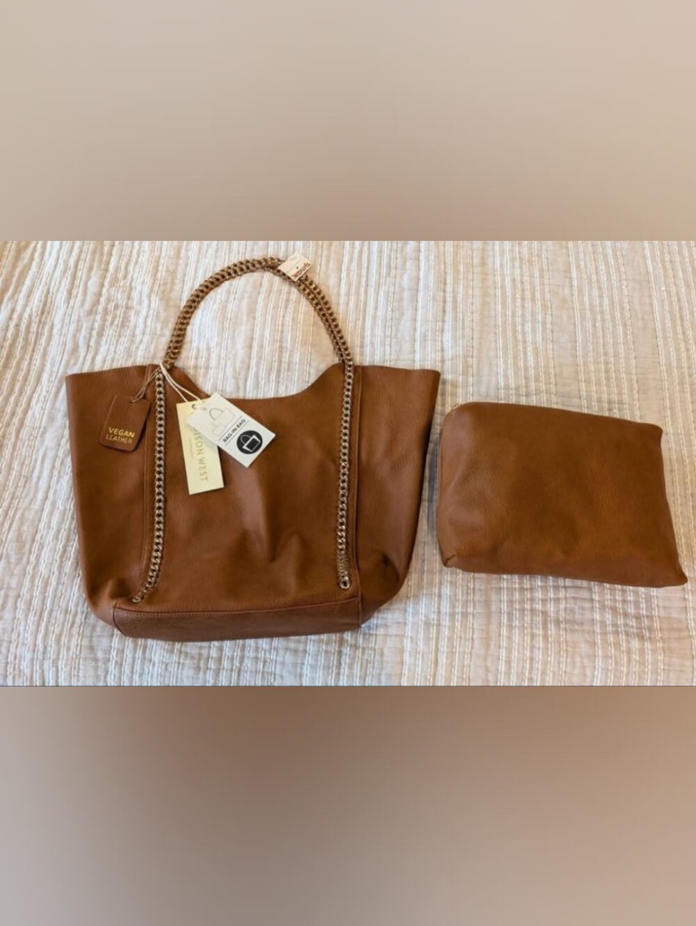 NWT Madison West Bag-in-Bag Tan Leather Tote with Chain Handles & Matching Pouch